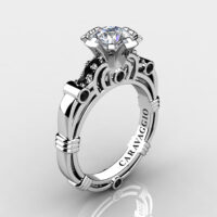 Art Masters Caravaggio 10K White Gold 1.0 Ct White Sapphire Black Diamond Engagement Ring R623-10KWGBDWS