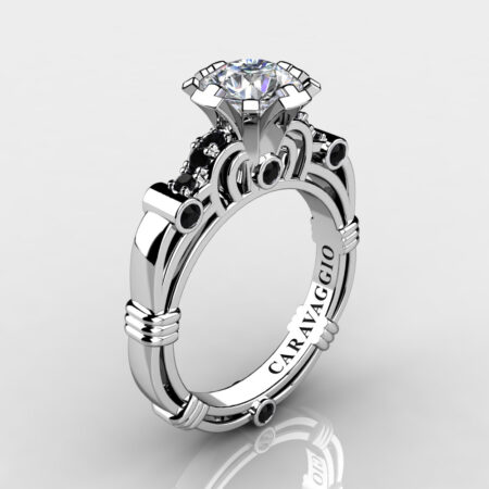 Art-Masters-Caravaggio-10K-White-Gold-1-Carat-White-Sapphire-Black-Diamond-Engagement-Ring-R623-10KWGBDWS