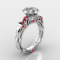 Art Masters Caravaggio 10K White Gold 1.0 Ct White Sapphire Rubies Engagement Ring R623-10KWGRWS