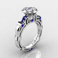 Art Masters Caravaggio 10K White Gold 1.0 Ct White and Blue Sapphire Engagement Ring R623-10KWGBSWS