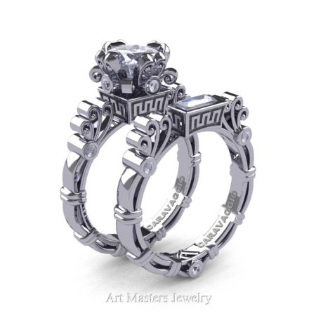 Art-Masters-Caravagio-14K-White-Gold-1-5-Ct-Princess-White-Sapphire-Diamond-Engagement-Ring-Wedding-Band-Set-R627S-14KWGDWS-P