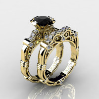 Art Masters Caravaggio 14K Yellow Gold 1.0 Ct Black and White Diamond Engagement Ring Wedding Band Set R623S-14KYGDBD