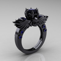 Art Masters Classic Winged Skull 14K Black Gold 1.0 Ct Black Diamond Blue Sapphire Solitaire Engagement Ring R613-14KBGBSBD Perspective