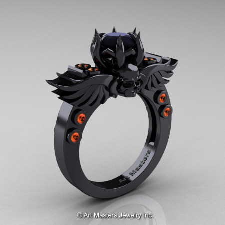 Art-Masters-Winged-Skull-14K-Black-Gold-1-Carat-Black-Diamond-Orange-Sapphire-Engagement-Ring-R613-14KBGOSBD-P