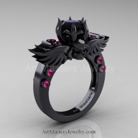 Art Masters Classic Winged Skull 14K Black Gold 1.0 Ct Black Diamond Pink Sapphire Solitaire Engagement Ring R613-14KBGPSBD Perspective