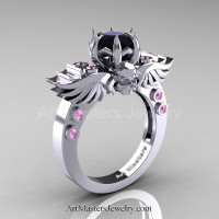 Art Masters Classic Winged Skull 14K White Gold 1.0 Ct Black Diamond Light Pink Sapphire Solitaire Engagement Ring R613-14KWGLPSBD Perspective