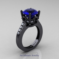 Exclusive Classic 14K Black Gold 3.0 Carat Blue Sapphire Diamond Solitaire Wedding Ring R301-14KBGDBS
