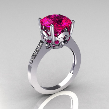French Bridal 950 Platinum 3.5 Carat Pink Sapphire Pave Diamond Solitaire Wedding Ring R301-PLATDPS-1