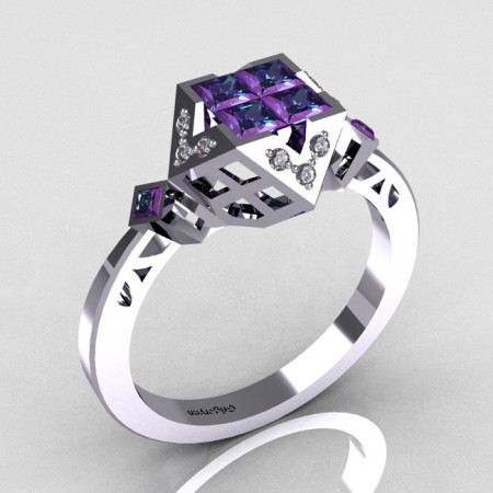 Classic Contemporary 950 Platinum .40 Princess Cut Invisible Alexandrite Pave Diamond Solitaire Azteca Ring R77-PLATDAL-1