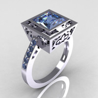 Contemporary French 950 Platinum 1.65 Carat Princess Cut Blue Topaz Bridal Ring R35-PLATBT-1