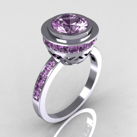 Modern Vintage 14K White Gold 1.50 Carat Round and 1.1 Carat Invisible Square Lilac Amethyst Bridal Ring R78-14WGLA-1