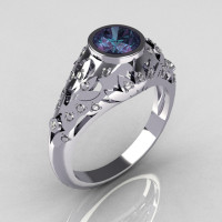 Classic French 14K White Gold 0.65 Carat Alexandrite Pave Diamond Designer Ring R302-14WGDAL-1