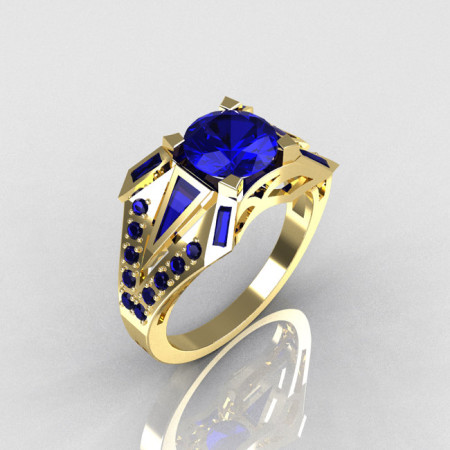 Royal Edwardian 18K Yellow Gold Blue Sapphire Designer Bridal Ring R85-18KYGBS-1