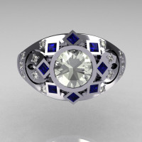 Modern Edwardian 950 Platinum 1.0 Carat Round Diamond Blue Sapphire Ring Y258-PLATDBS-2