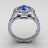 Classic Brilliant Style 10K White Gold 1.0 Carat Round Blue Topaz Diamond Bead-Set Border Engagement Ring R42-10KWGDBTT-3