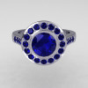 Classic Brilliant Style 14K White Gold 1.0 Carat Round Sapphire Bead-Set Border Engagement Ring R42-14KWGBS-3