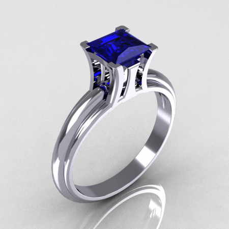 Modern Italian 10K White Gold 1.0 Carat Princess Blue Sapphire Solitaire Ring R98-10KWGBS-1