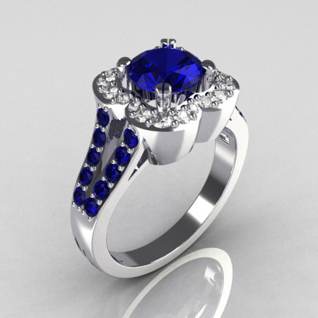 Classic 2011 Trend 10K White Gold 1.0 Carat Blue Sapphire Diamond Celebrity Fashion Engagement Ring R104-10KWGDBS-1