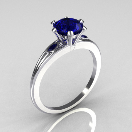 Ultra Modern 10K White Gold 1.0 Carat Round Blue Sapphire Solitaire Ring R111-10KWGBS-1