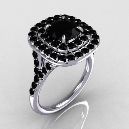 Soleste Style 14K White Gold 1.25 CT Cushion Cut Black Diamond Bead-Set Engagement Ring R116-14WGBLL-1