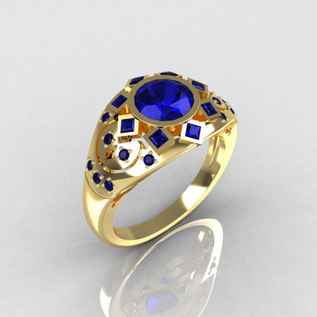 Modern Edwardian 14K Yellow Gold 1.0 Carat Round Blue Sapphire Princess Pave Ring Y258-14KYGBSS-1