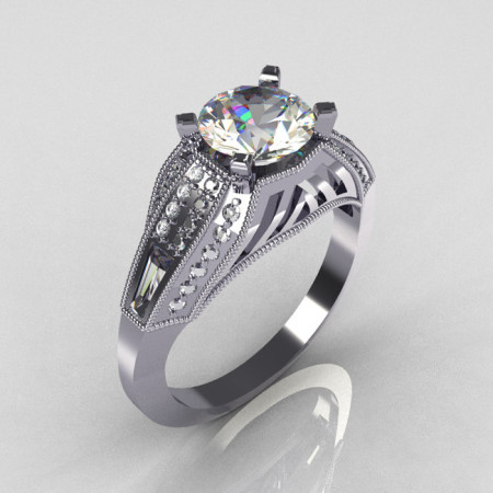 Aztec-Edwardian 18K White Gold 1.0 CT Round and Baguette Moissanite Diamond Engagement Ring MR001-18WGDMO-1