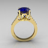 French Bridal 14K Yellow Gold 3.0 Carat Blue Sapphire Diamond Solitaire Wedding Ring R301-14YGDBS-2