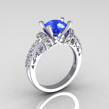 Modern Armenian Classic 14K White Gold 1.5 Carat Blue Sapphire Solitaire Wedding Ring R137-14WGDBS-1