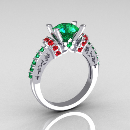 Modern Armenian Classic 10K White Gold 1.5 Carat Emerald and Ruby Solitaire Wedding Ring R137-10WGEMRR-1