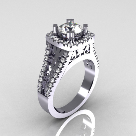 Modern Armenian Vintage 14K White Gold 1.0 Carat Zircon Diamond Engagement Ring R137-14WGDCZ-1