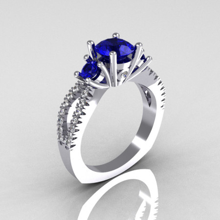 Modern French Bridal 10K White Gold Three Stone 1.0 Carat Blue Sapphire Accent Diamond Engagement Ring R140-10WGDBS-1