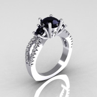 Modern French Bridal 14K White Gold Three Stone 1.0 Carat Black Diamond Accent White Diamond Engagement Ring R140-14WGDBD-1