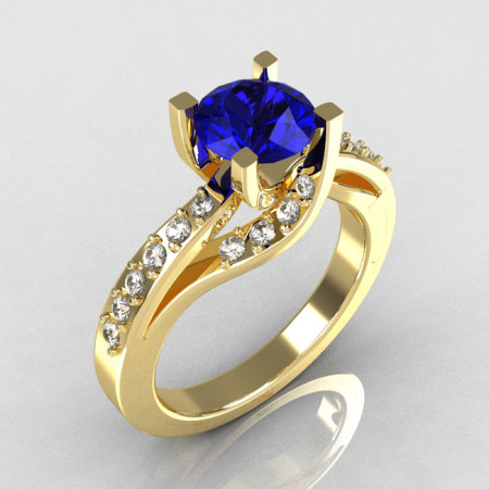 Modern Bridal 14K Yellow Gold 1.0 Carat Blue Sapphire Diamond Solitaire Ring R145-14YGDBS-1