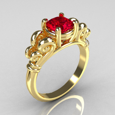Modern Antique 18K Yellow Gold 1.0 Carat Round Red Ruby Designer Solitaire Ring R141-18YGRR-1