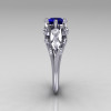 Modern Edwardian 18K White Gold 1.0 Carat Oval Blue Sapphire Bridal Ring R147-18WGDBS-2