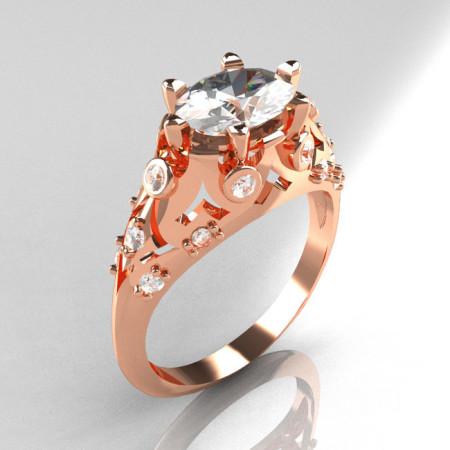 Modern Edwardian 10K Rose Gold 1.0 Carat Oval White Sapphire Bridal Ring R147-10RGDWS-1