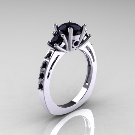 Classic French Bridal 10K White Gold Three Stone 1.0 Carat Black Diamond Engagement Ring AR112-10WGBLDD-1