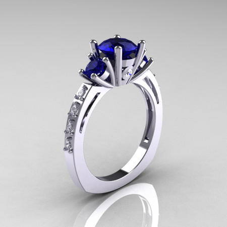 Classic French Bridal 10K White Gold Three Stone 1.0 Carat Blue Sapphire Accent Diamond Engagement Ring AR112-10WGDBS-1