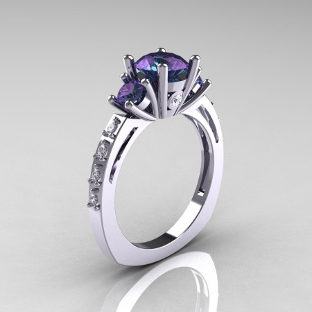 Classic French Bridal 10K White Gold Three Stone 1.0 Carat Alexandrite Diamond Engagement Ring AR112-10KWGDAL-1
