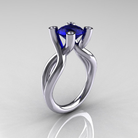 Modern 14K White Gold 1.5 Carat Blue Sapphire Diamond Solitaire Ring AR110-14KWGDBS-1