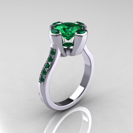 Modern Classic 14K White Gold 1.5 Carat Round Marquise Emerald Solitaire Ring AR121-14WGEMM-1