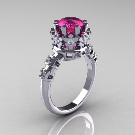 Modern Vintage 18K White Gold 1.5 Carat Pink Sapphire Diamond Classic Armenian Bridal Ring AR105-18KWGDPS-1