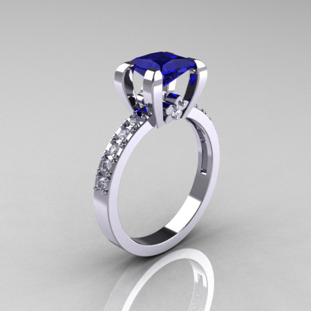Classic 14K White Gold 1.0 Carat Princess Blue Sapphire Diamond Solitaire Engagement Ring AR125-14WGDBS-1