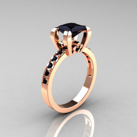 Classic French 14K Pink Gold 1.0 Carat Princess Black Diamond Solitaire Engagement Ring AR125-14PGBDD-1
