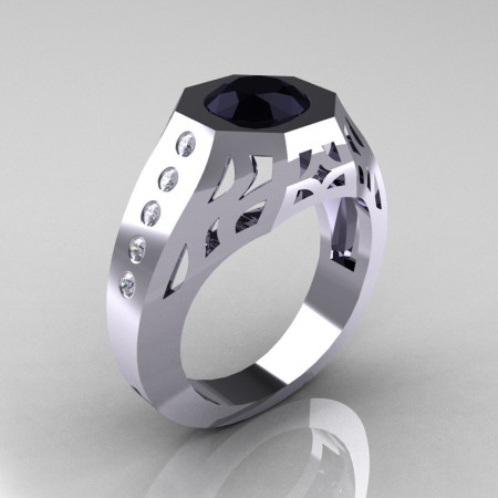 Gentlemens Modern Edwardian 10K White Gold 1.5 Carat Black Diamond Engagement Ring MR155-10KWGDBD-1