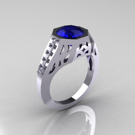 Modern Edwardian 14K White Gold 1.5 Carat Blue Sapphire Diamond Engagement Ring R155-14KWGDBS-1