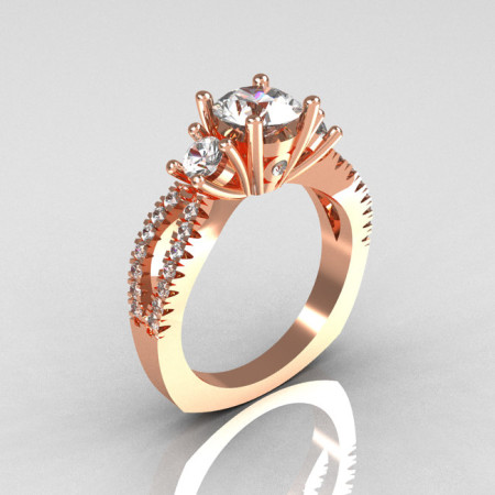 Modern French Bridal 18K Rose Gold Three Stone 1.0 Carat Zircon Accent Diamond Engagement Ring R140-18RGDZ-1