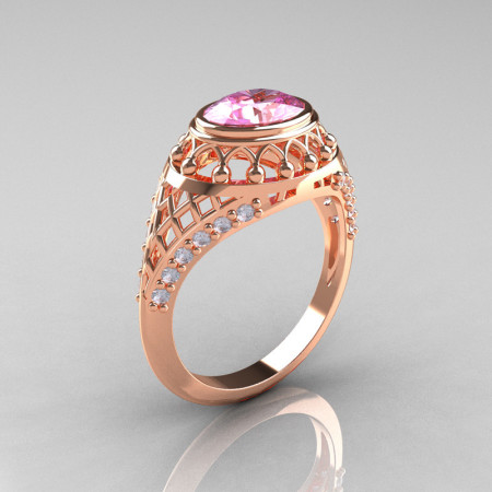 Modern Victorian 10K Rose Gold 1.16 Carat Oval Light Pink Topaz 0.24 CTW Diamond Bridal Ring R158-14KRGDLPT-1