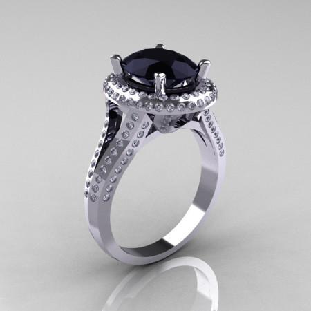 French Bridal 14K White Gold 2.5 Carat Oval Black Diamond Cluster Engagement Ring R164-14KWGDBD-1