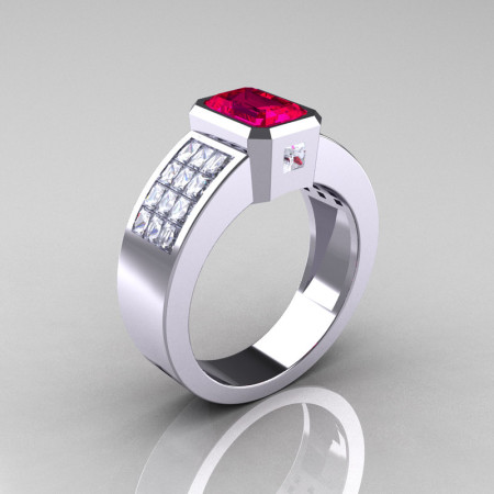 Ultra Modern 10K White Gold Princess Invisible CZ 1.0 CT Emerald Rubies Engagement Ring R169-10KWGCZR-1